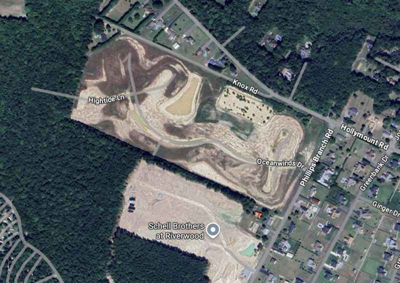 A satellite image shows the site work for the River Oaks, top, and Riverwood developments south of Harbeson. SOURCE: GOOGLE MAPS